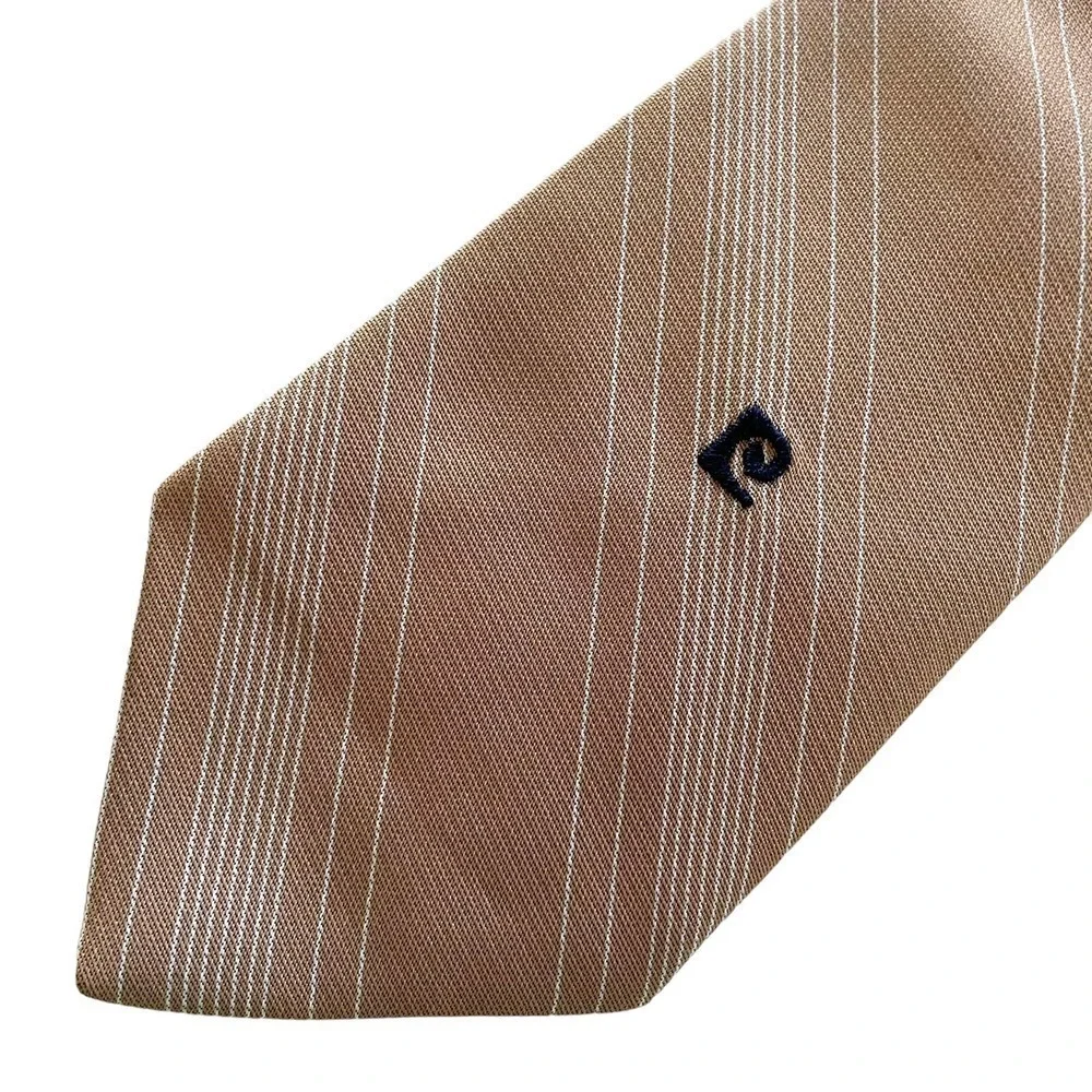 Vintage Pierre Cardin Embroidered Logo Striped Tan Polyester Tie